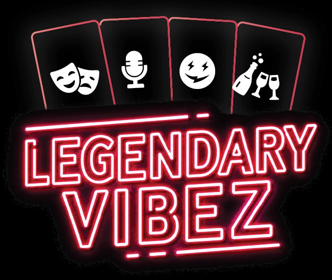 Legendary Vibez neon sign logo with a fan of four playing cards